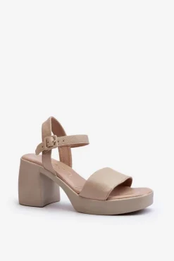 Zazoo 40386 Damskie Skórzane Sandały Na Klocku Beżowe