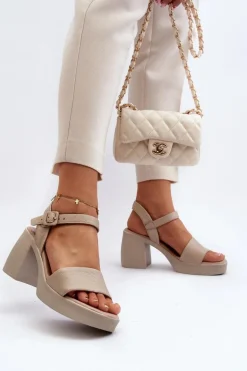 Zazoo 40386 Damskie Skórzane Sandały Na Klocku Beżowe