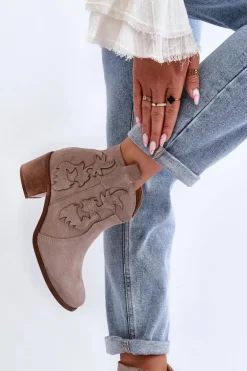 Zazoo 3426 Damskie Zamszowe Botki Kowbojki Cappucino