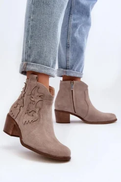 Zazoo 3426 Damskie Zamszowe Botki Kowbojki Cappucino