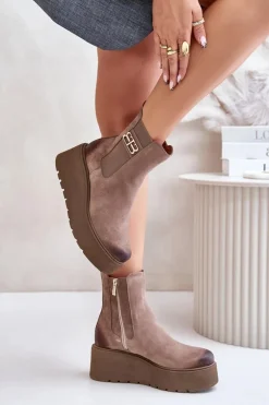 Zazoo 60498 Damskie Zamszowe Botki Sztyblety Na Platformie I Koturnie Beżowe