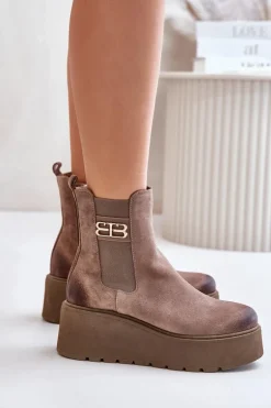 Zazoo 60498 Damskie Zamszowe Botki Sztyblety Na Platformie I Koturnie Beżowe