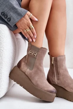 Zazoo 60498 Damskie Zamszowe Botki Sztyblety Na Platformie I Koturnie Beżowe