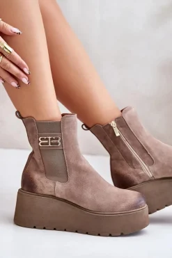 Zazoo 60498 Damskie Zamszowe Botki Sztyblety Na Platformie I Koturnie Beżowe