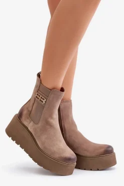 Zazoo 60498 Damskie Zamszowe Botki Sztyblety Na Platformie I Koturnie Beżowe