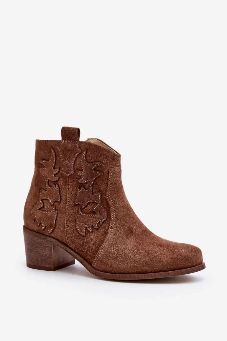 Zazoo 3426 Damskie Zamszowe Botki Kowbojki Brązowe
