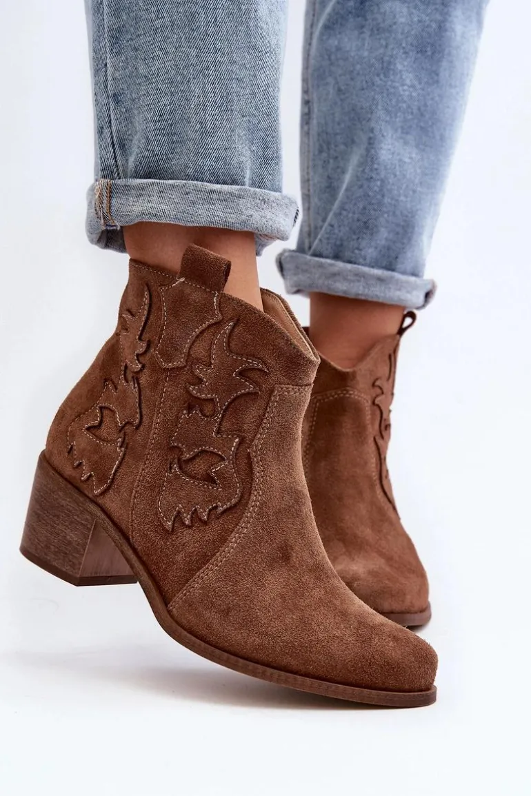 Zazoo 3426 Damskie Zamszowe Botki Kowbojki Brązowe