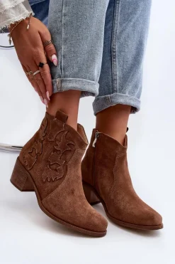 Zazoo 3426 Damskie Zamszowe Botki Kowbojki Brązowe