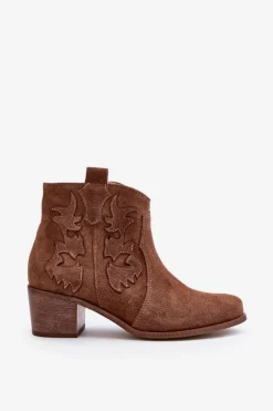 Zazoo 3426 Damskie Zamszowe Botki Kowbojki Brązowe