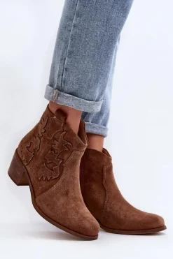 Zazoo 3426 Damskie Zamszowe Botki Kowbojki Brązowe