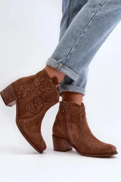 Zazoo 3426 Damskie Zamszowe Botki Kowbojki Brązowe