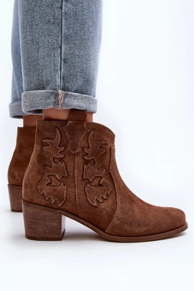 Zazoo 3426 Damskie Zamszowe Botki Kowbojki Brązowe