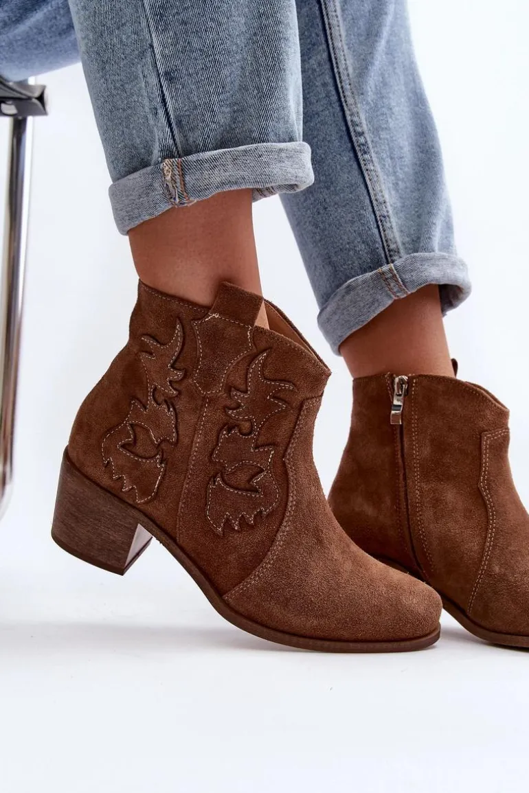 Zazoo 3426 Damskie Zamszowe Botki Kowbojki Brązowe