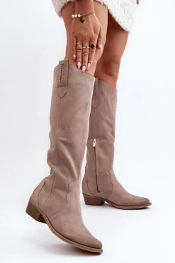 Zazoo 3427 Damskie Zamszowe Kozaki Kowbojki Cappuccino