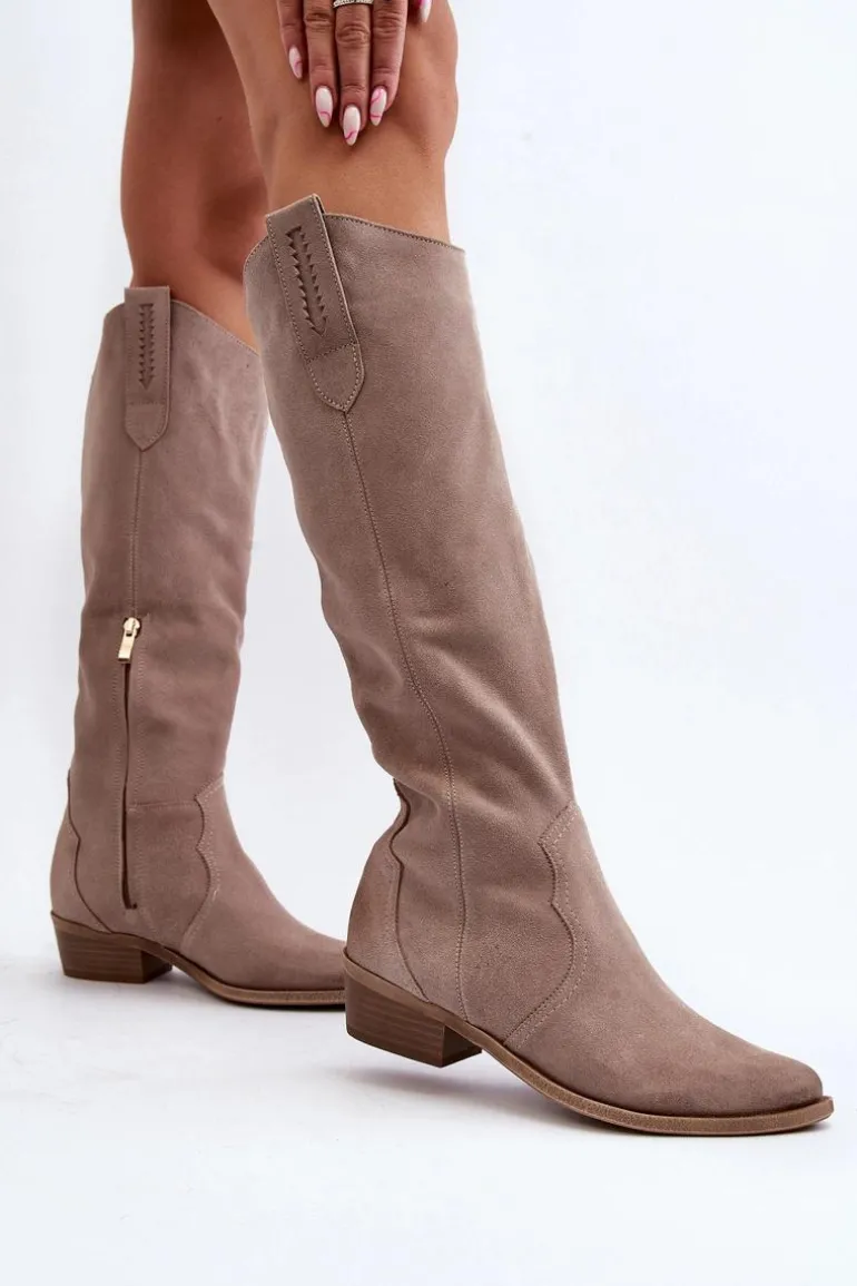 Zazoo 3427 Damskie Zamszowe Kozaki Kowbojki Cappuccino