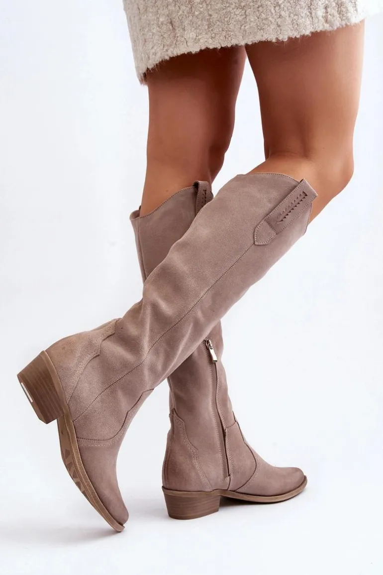 Zazoo 3427 Damskie Zamszowe Kozaki Kowbojki Cappuccino