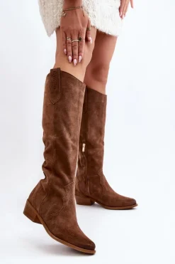 Zazoo 3427 Damskie Zamszowe Kozaki Kowbojki Brązowe