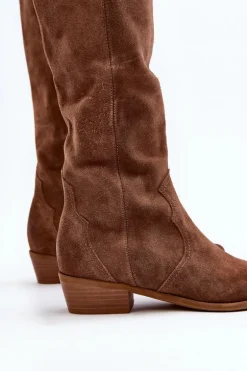 Zazoo 3427 Damskie Zamszowe Kozaki Kowbojki Brązowe