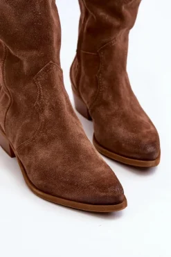 Zazoo 3427 Damskie Zamszowe Kozaki Kowbojki Brązowe