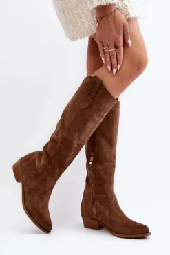 Zazoo 3427 Damskie Zamszowe Kozaki Kowbojki Brązowe