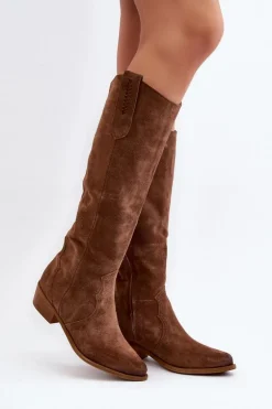 Zazoo 3427 Damskie Zamszowe Kozaki Kowbojki Brązowe