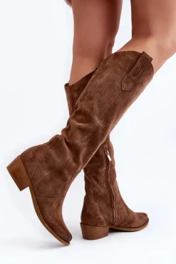 Zazoo 3427 Damskie Zamszowe Kozaki Kowbojki Brązowe