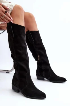 Zazoo 3427 Damskie Zamszowe Kozaki Kowbojki Czarne