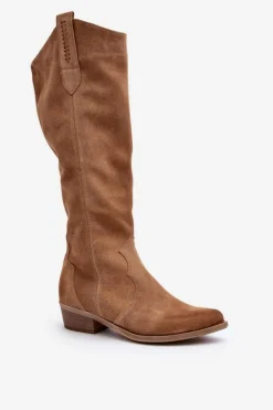 Zazoo 3427 Damskie Zamszowe Kozaki Kowbojki Beżowe