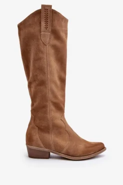 Zazoo 3427 Damskie Zamszowe Kozaki Kowbojki Beżowe