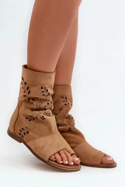 Zazoo 3437 Damskie Zamszowe Sandały Z Cholewką Na Zamek Camel