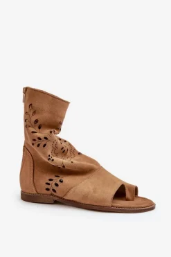 Zazoo 3437 Damskie Zamszowe Sandały Z Cholewką Na Zamek Camel