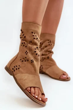 Zazoo 3437 Damskie Zamszowe Sandały Z Cholewką Na Zamek Camel