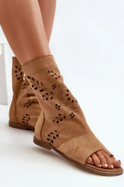 Zazoo 3437 Damskie Zamszowe Sandały Z Cholewką Na Zamek Camel