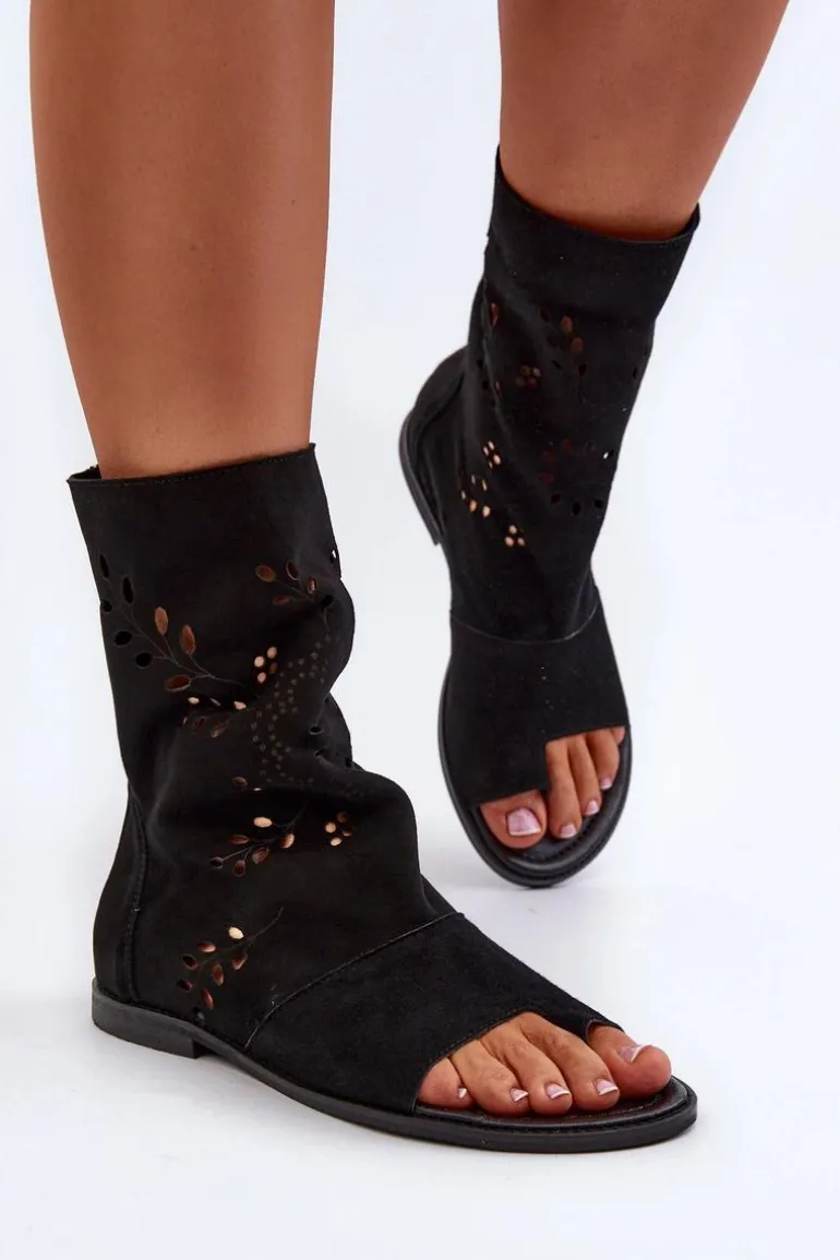 Zazoo 3437 Damskie Zamszowe Sandały Z Cholewką Na Zamek Czarne