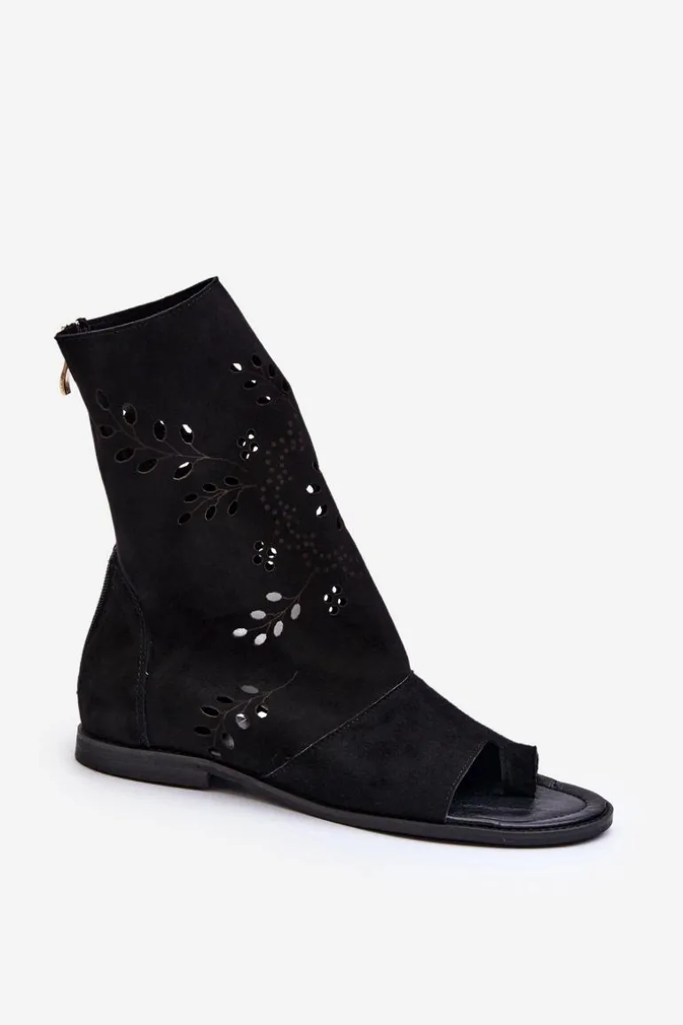 Zazoo 3437 Damskie Zamszowe Sandały Z Cholewką Na Zamek Czarne