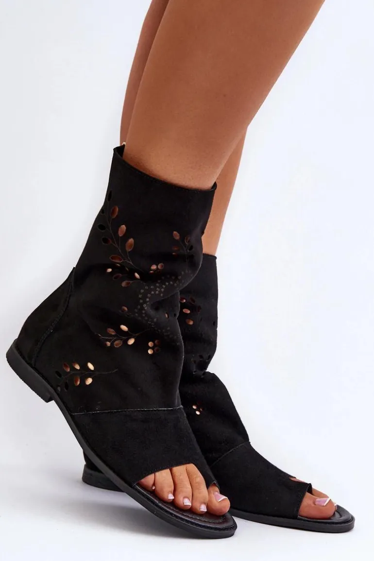 Zazoo 3437 Damskie Zamszowe Sandały Z Cholewką Na Zamek Czarne