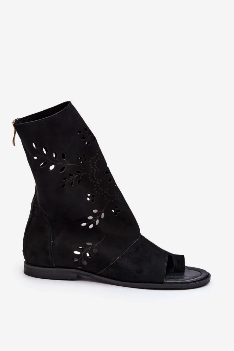 Zazoo 3437 Damskie Zamszowe Sandały Z Cholewką Na Zamek Czarne