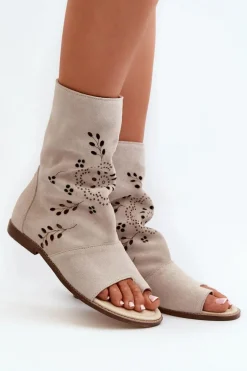 Zazoo 3437 Damskie Zamszowe Sandały Z Cholewką Na Zamek Jasnobeżowe