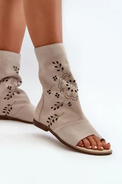 Zazoo 3437 Damskie Zamszowe Sandały Z Cholewką Na Zamek Jasnobeżowe