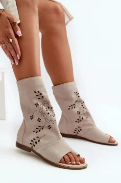 Zazoo 3437 Damskie Zamszowe Sandały Z Cholewką Na Zamek Jasnobeżowe