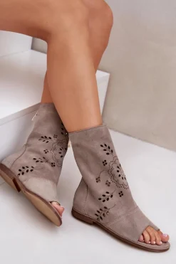 Zazoo 3437 Damskie Zamszowe Sandały Z Cholewką Na Zamek Beżowe