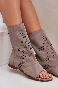 Zazoo 3437 Damskie Zamszowe Sandały Z Cholewką Na Zamek Beżowe