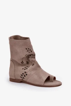 Zazoo 3437 Damskie Zamszowe Sandały Z Cholewką Na Zamek Beżowe