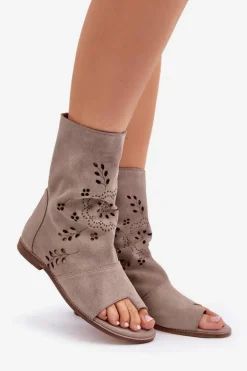 Zazoo 3437 Damskie Zamszowe Sandały Z Cholewką Na Zamek Beżowe