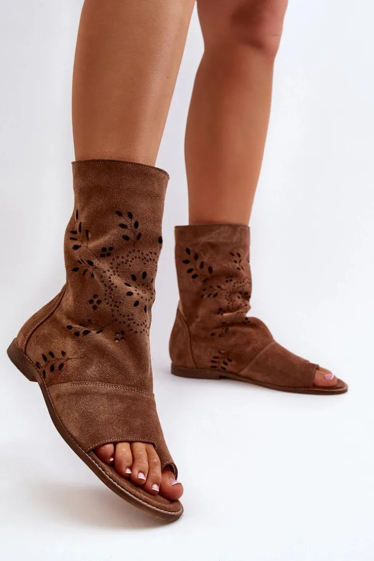 Zazoo 3437 Damskie Zamszowe Sandały Z Cholewką Na Zamek Brązowe