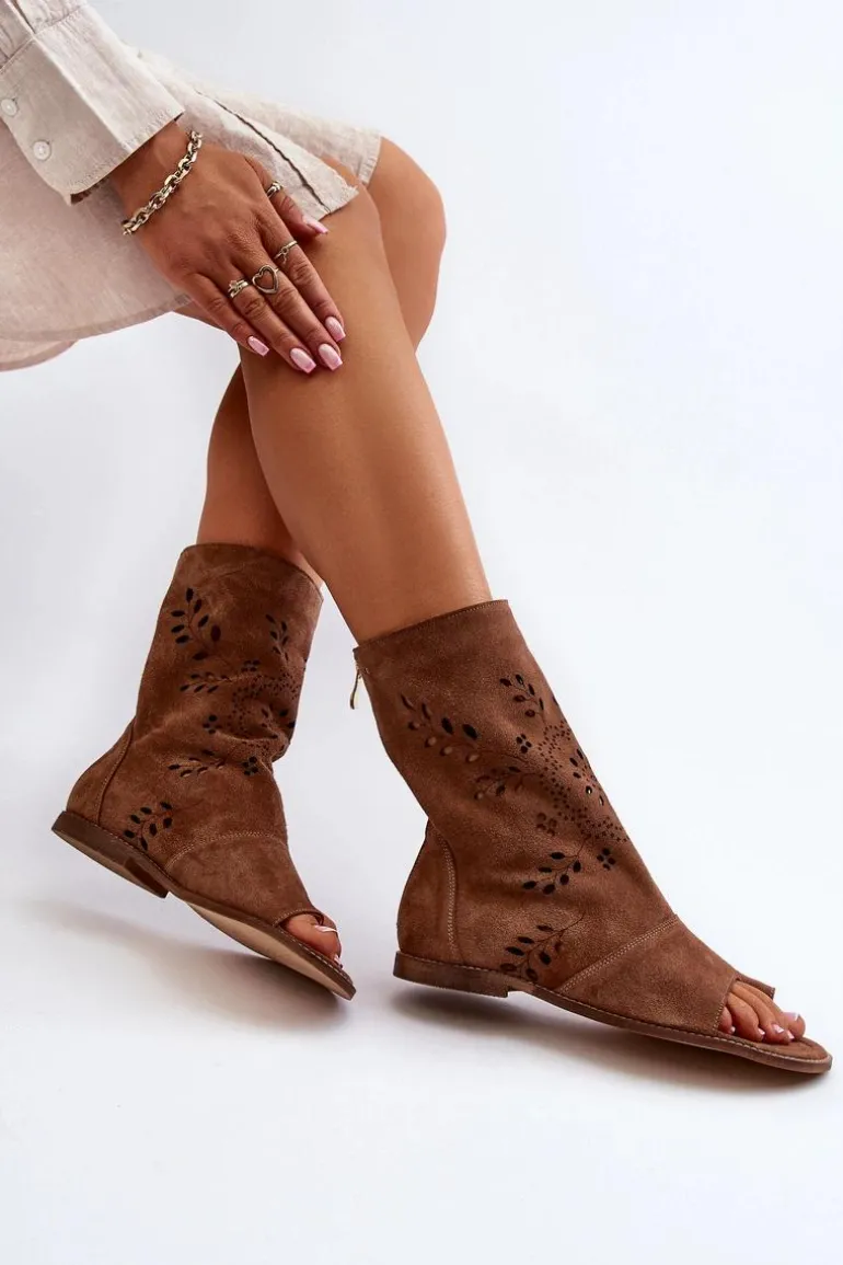 Zazoo 3437 Damskie Zamszowe Sandały Z Cholewką Na Zamek Brązowe