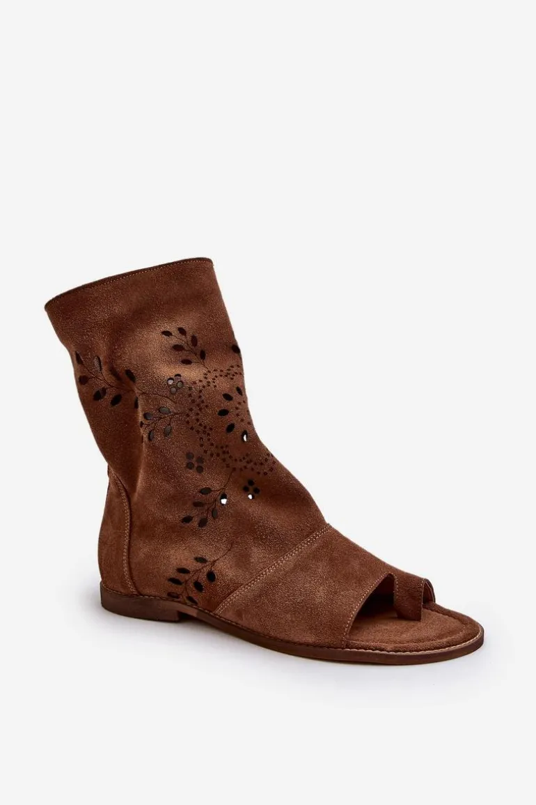 Zazoo 3437 Damskie Zamszowe Sandały Z Cholewką Na Zamek Brązowe