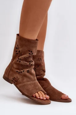 Zazoo 3437 Damskie Zamszowe Sandały Z Cholewką Na Zamek Brązowe