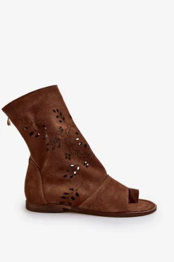 Zazoo 3437 Damskie Zamszowe Sandały Z Cholewką Na Zamek Brązowe