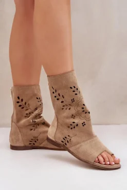 Zazoo 3437 Damskie Zamszowe Sandały Z Cholewką Na Zamek Beżowe